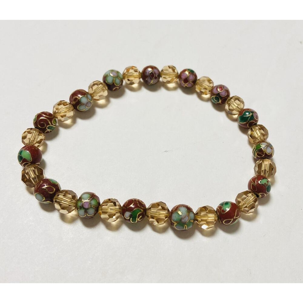 Bracelet Flowers Glass Beads Elastic Stretch Brown Purple Pink Champagne